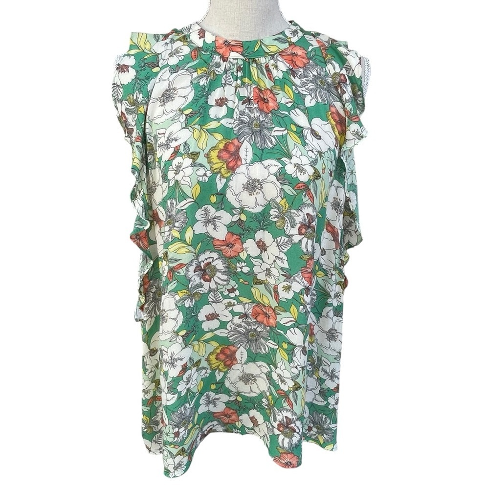 Maeve for Anthropologie Gramercy Fluttter Detail Green Floral Blouse - Sz L